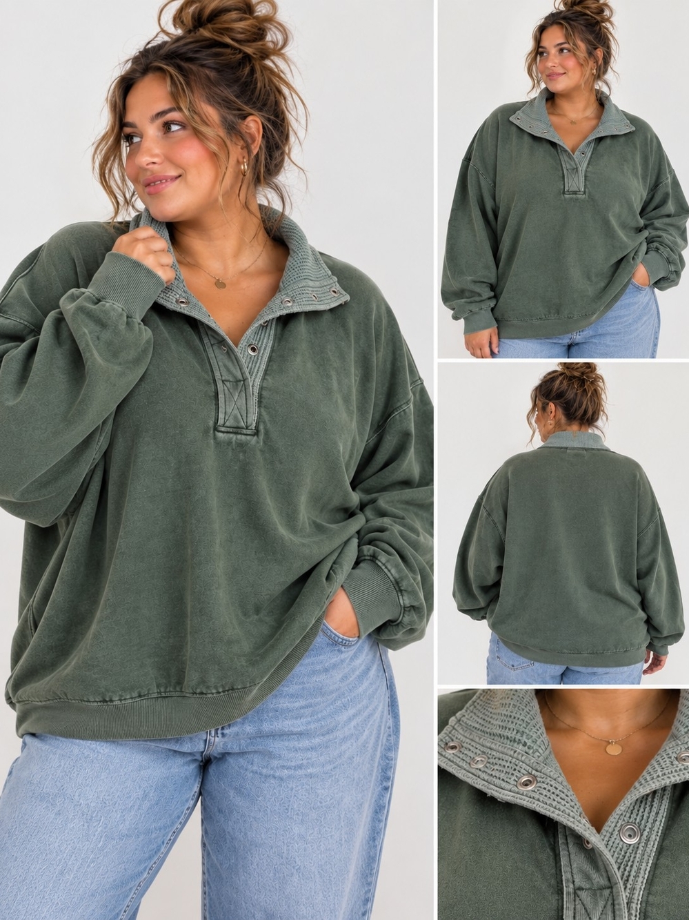 Aerie Getaway Quarter Snap Pullover Sweatshirt XXL Green Oversized Waffle Collar